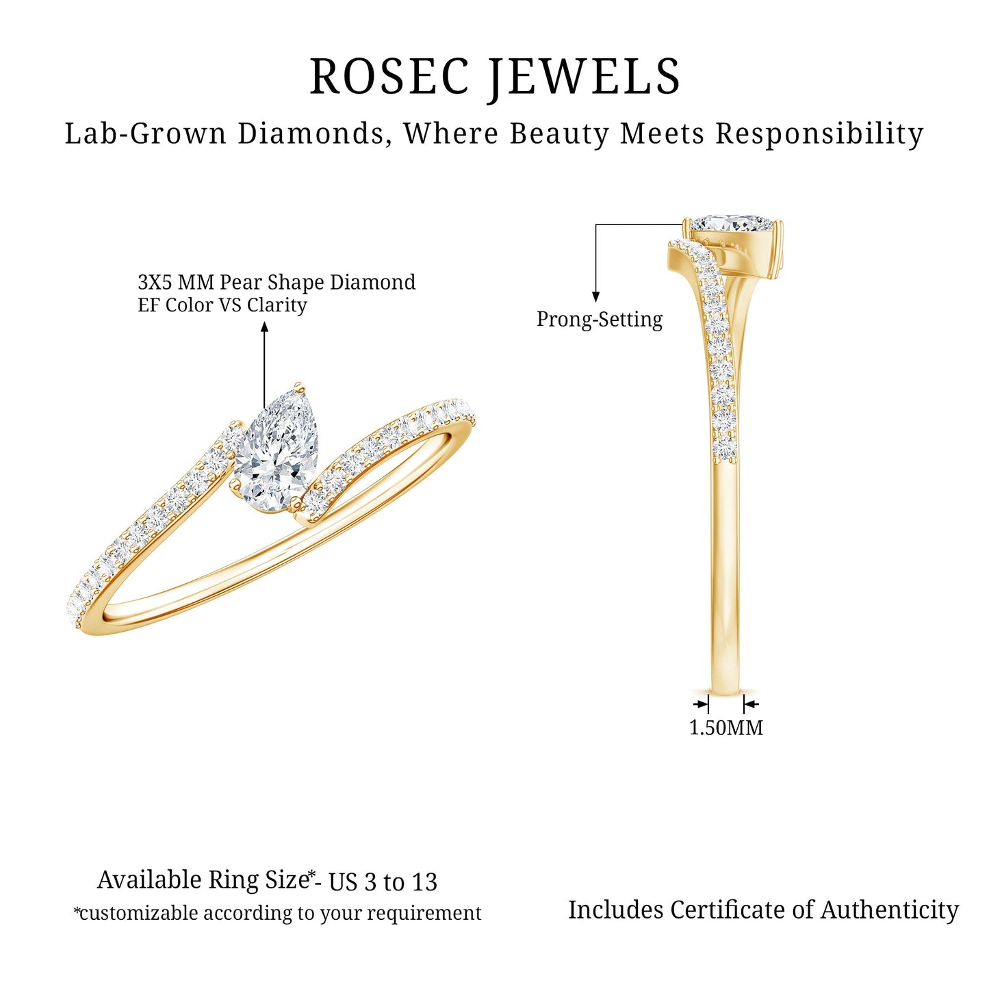 Pear Cut Lab Grown Diamond Bypass Promise Ring