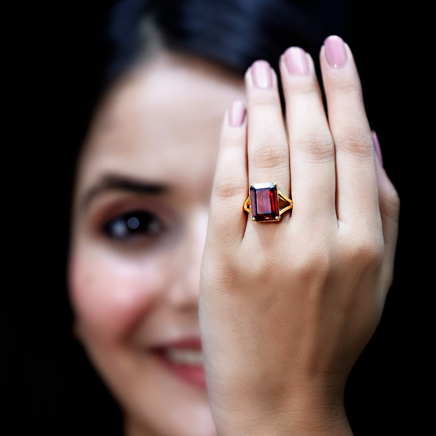 Certified 9 Carat Lab Grown Garnet Emerald Cut Engagement Ring with Split Shank