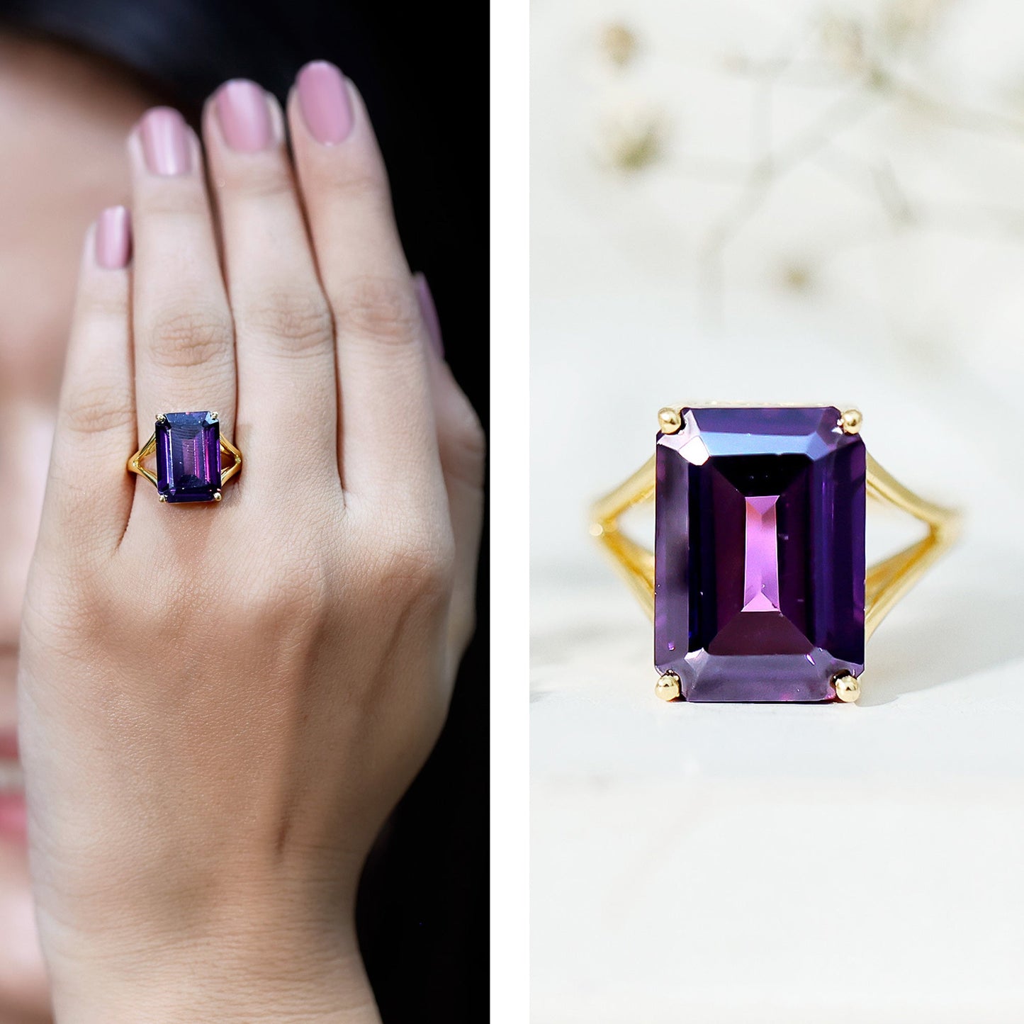 Certified 9 Carat Emerald Cut Lab Grown Amethyst Engagement Ring