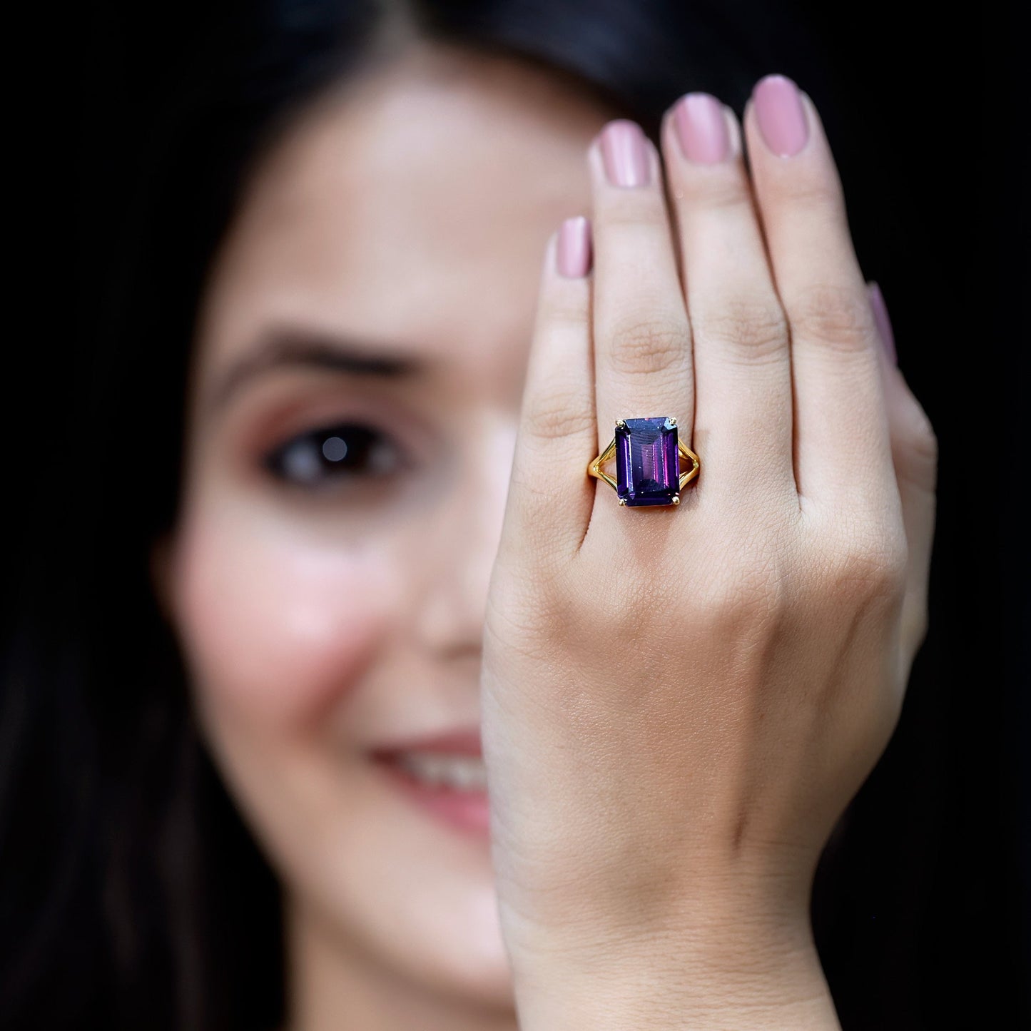 Certified 9 Carat Emerald Cut Lab Grown Amethyst Engagement Ring