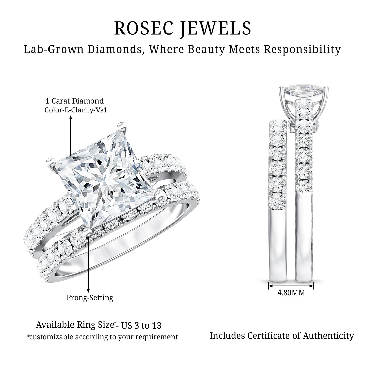 IGI Certified 1 Carat Lab Grown Diamond Princess Cut Engagement Ring with Band