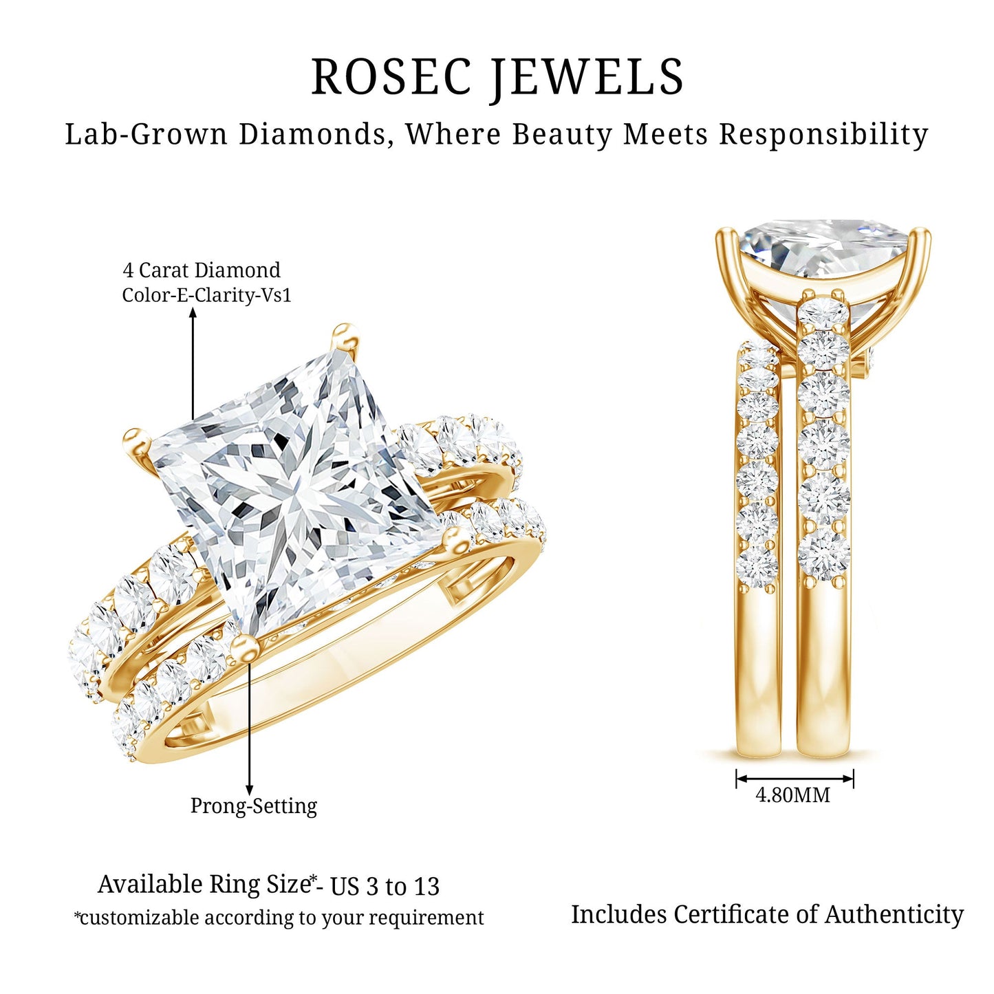 4 Carat IGI Certified Lab Grown Diamond Princess Cut Bridal Ring Set