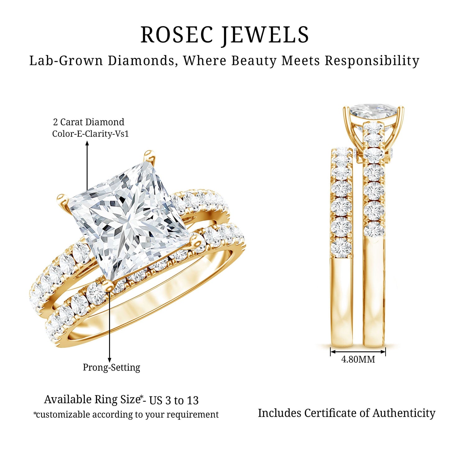 IGI Certified 2 Carat Lab Grown Diamond Princess Cut Bridal Ring Set