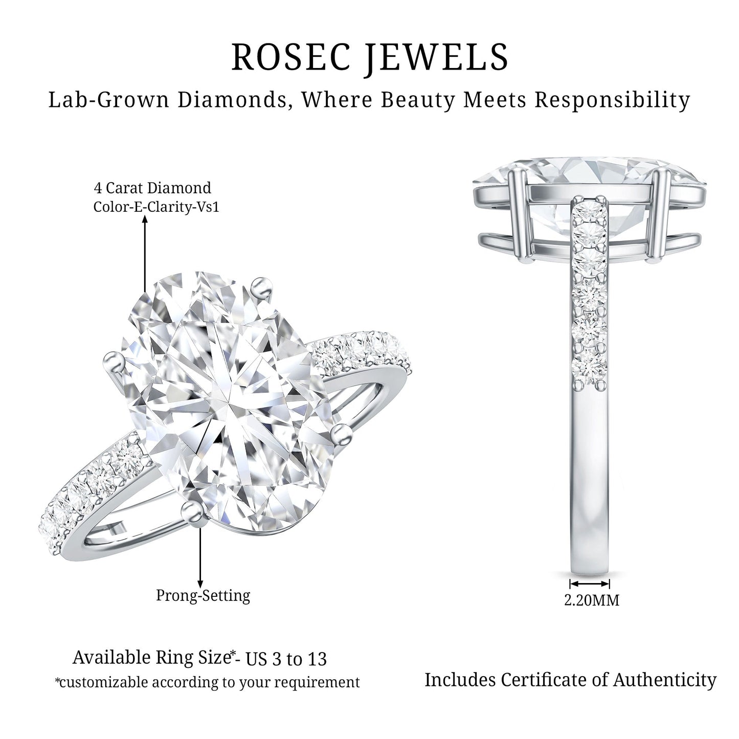 IGI Certified 4 Carat Oval Lab Grown Diamond Huge Engagement Ring