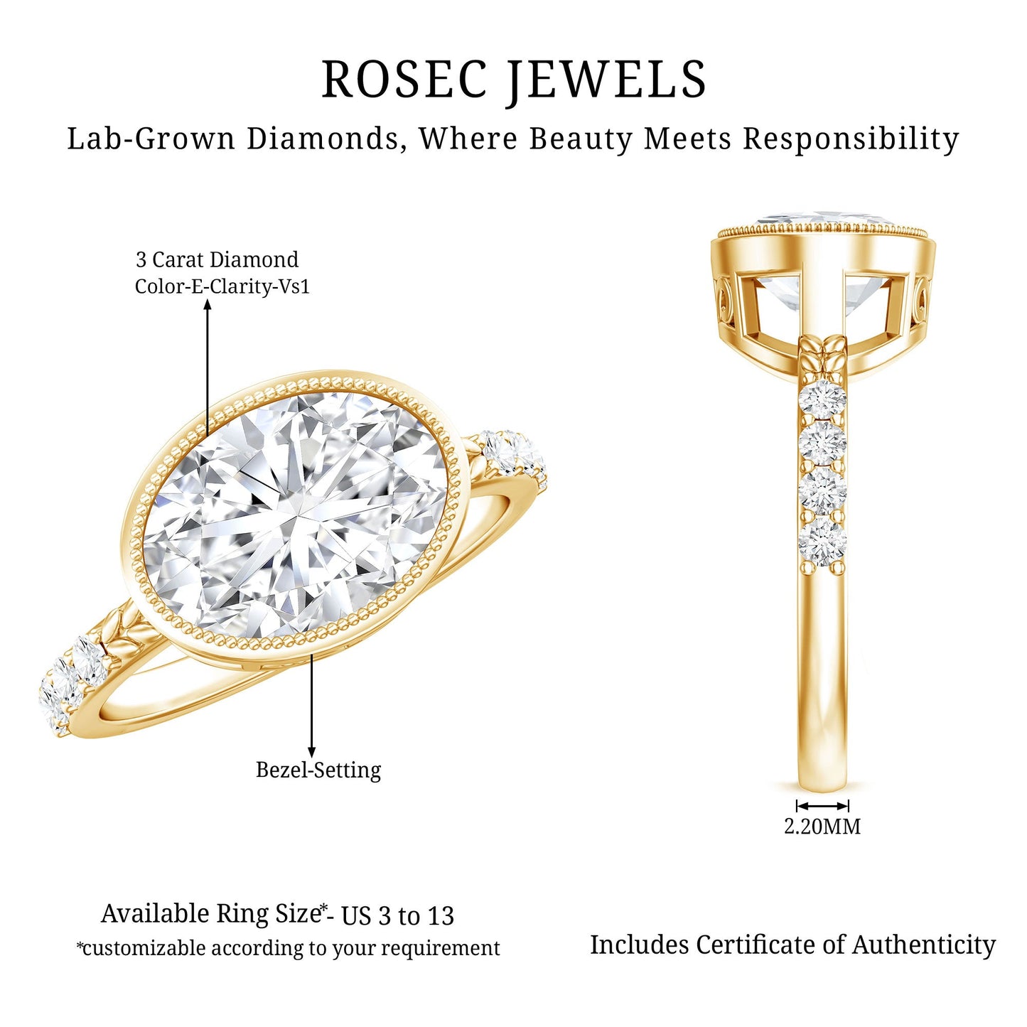 3 Carat Big Lab Grown Diamond Bezel Set Engagement Ring with IGI Certificate