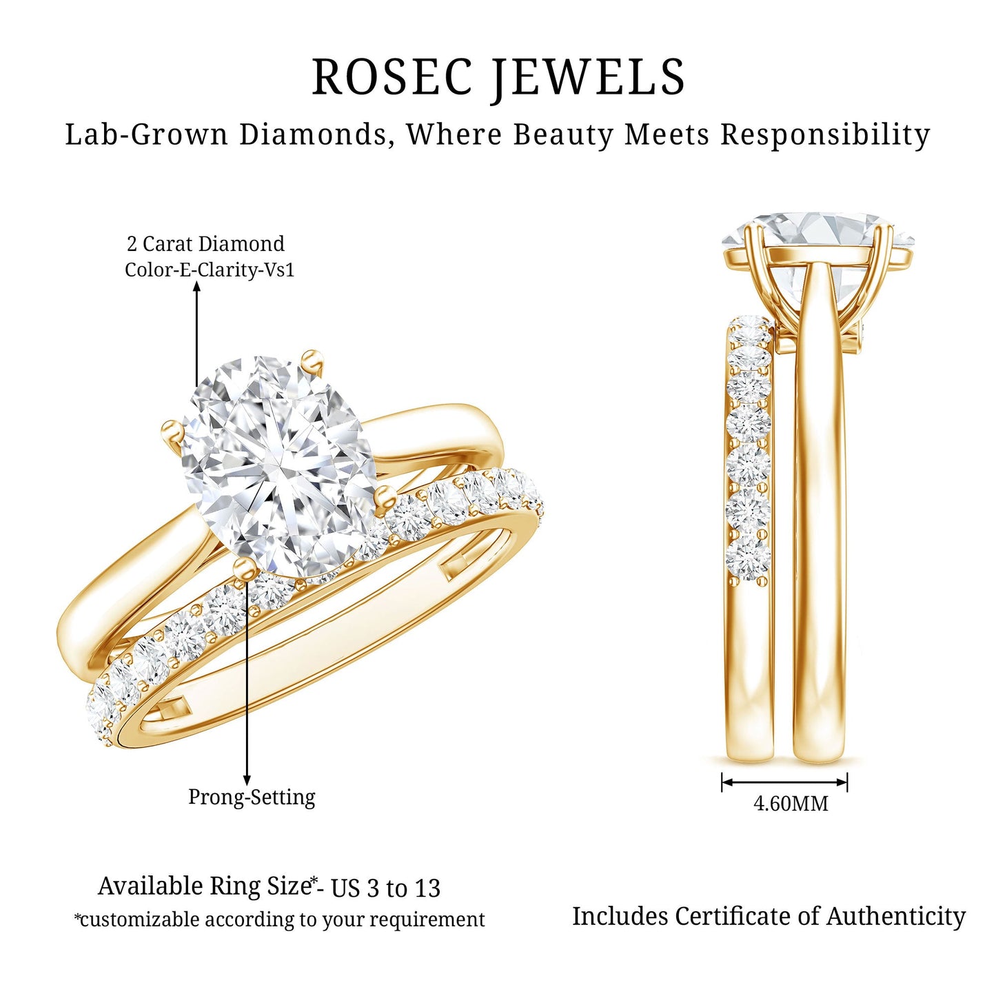 IGI Certified 2 Carat Oval Lab Grown Diamond Bridal Ring Set of 2