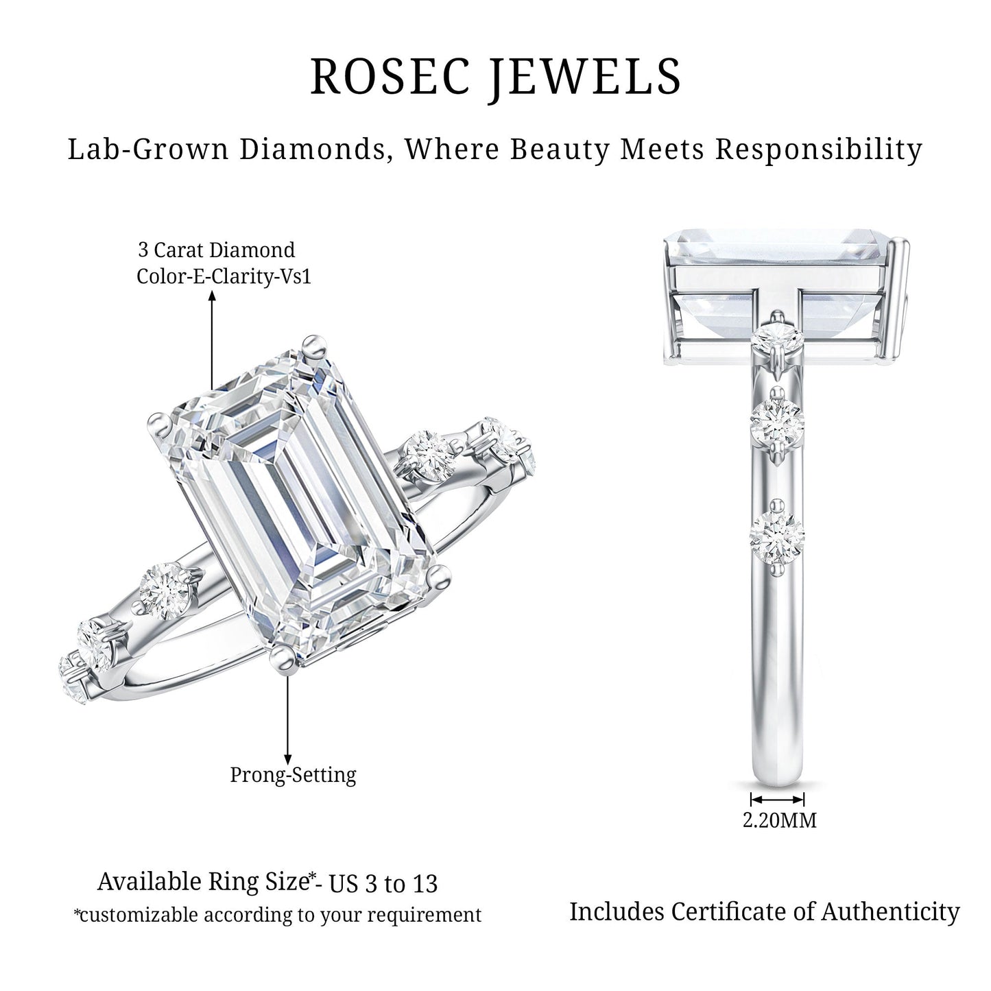 IGI Certified 3 Carat Emerald Cut Lab Grown Diamond Engagement Ring