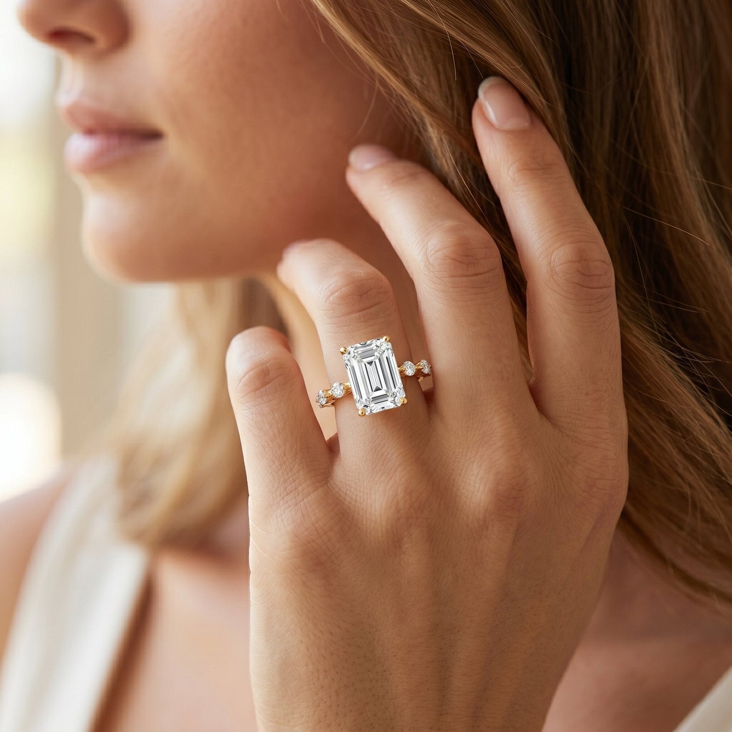 IGI Certified 4 Carat Lab Grown Emerald Cut Diamond Engagement Ring with Spaced Accent