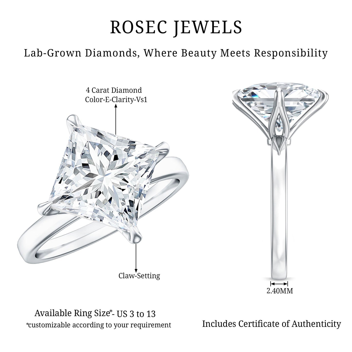 IGI Certified 4 Carat Princess Cut Lab Grown Diamond Engagement Ring
