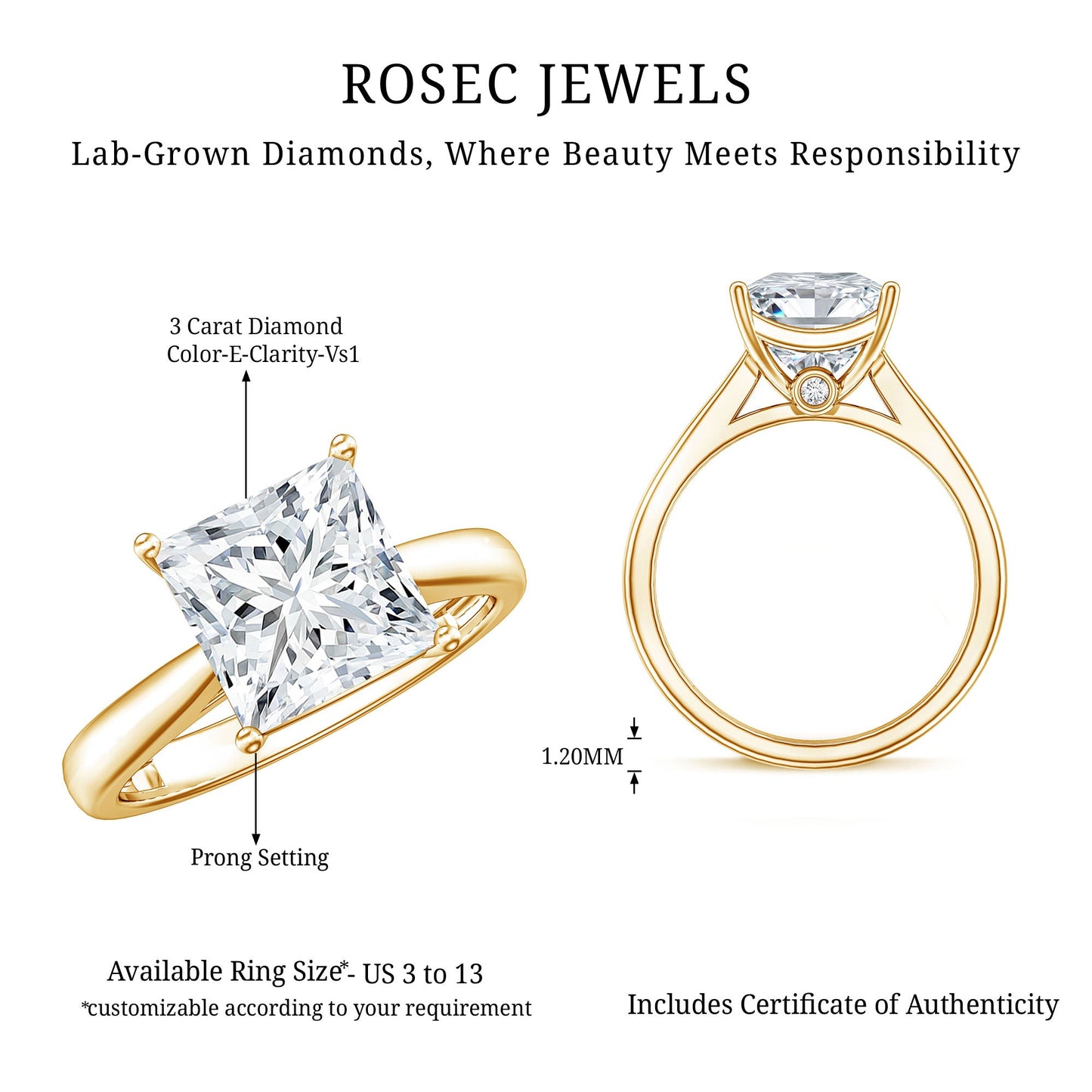 IGI Certified Lab Grown 3 Carat Diamond Princess Cut Engagement Ring Solitaire
