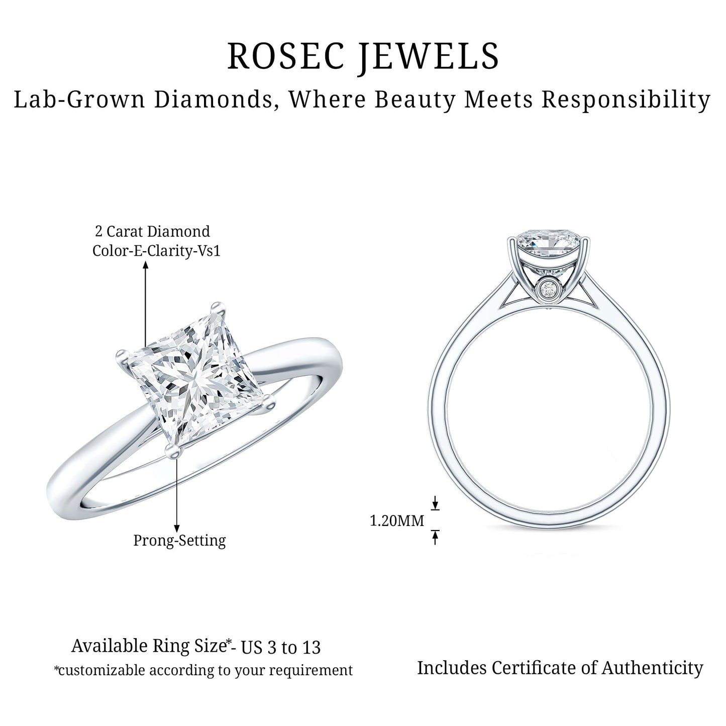 Solitaire 1 Carat Princess Cut Lab Grown Diamond Engagement Ring with IGI Certificate