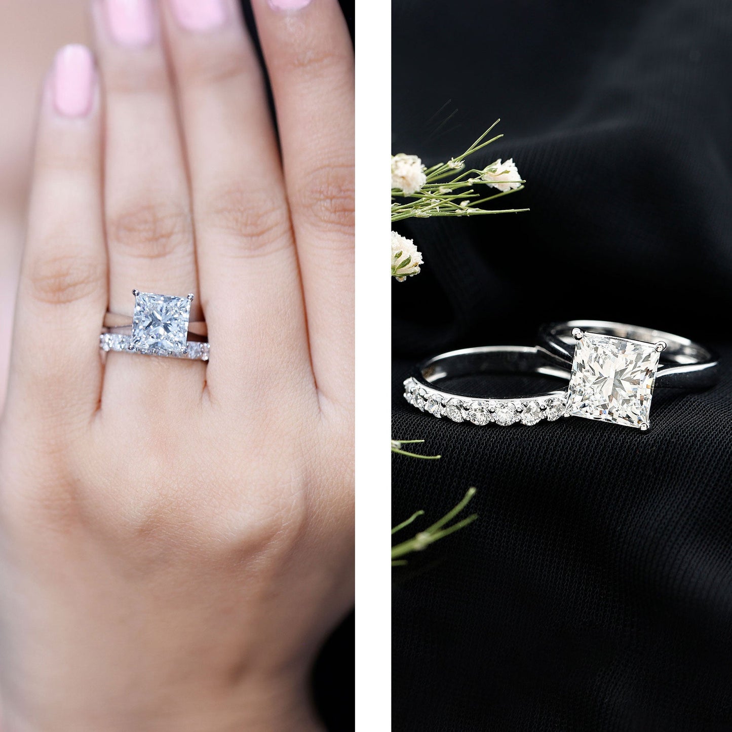 IGI Certified 4 Carat Princess Cut Lab Grown Diamond Solitaire Wedding Ring Set