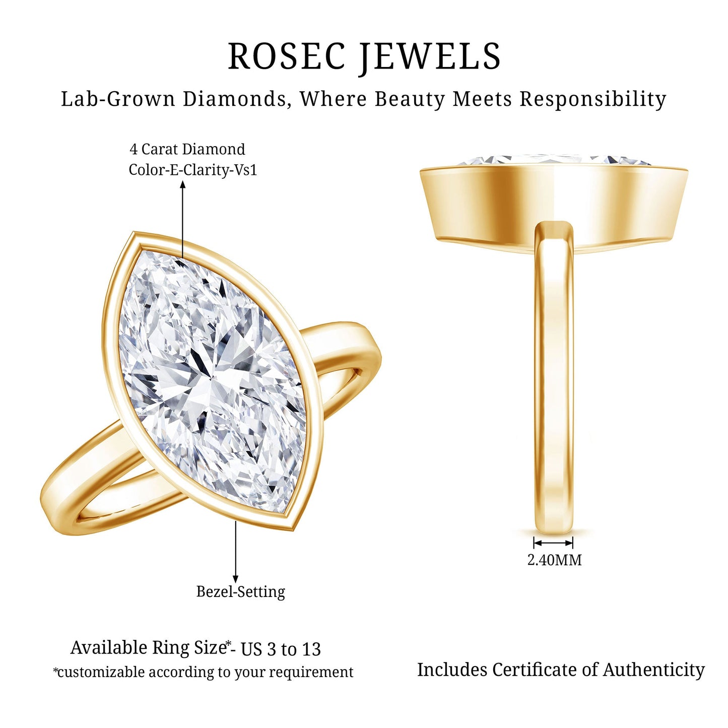 4 Carat Marquise Cut Lab Grown Diamond Bezel Engagement Ring with IGI Certificate