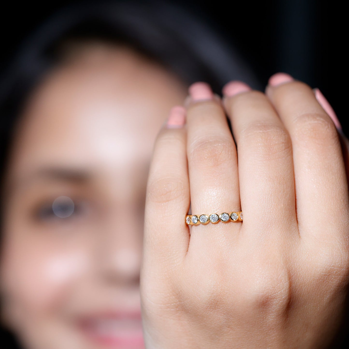 Bezel Set Moissanite Eternity Ring in Yellow Plated Silver