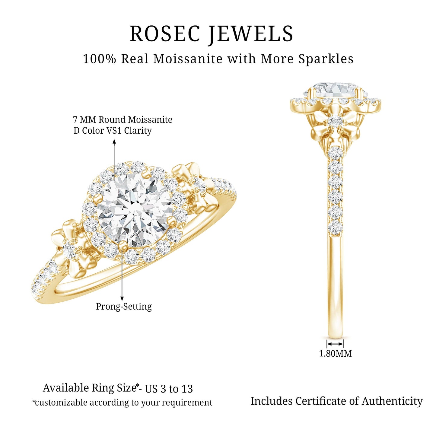 Certified 1.3 Carat Moissanite Floral Engagement Ring for Women