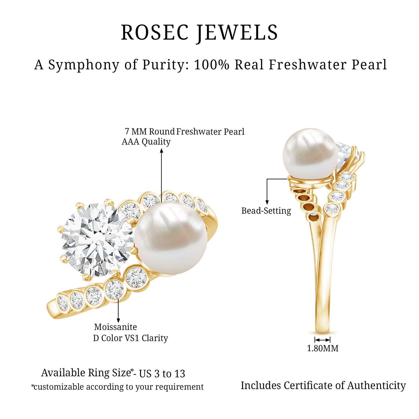 Freshwater Pearl and Moissanite Toi Et Moi Cocktail Ring