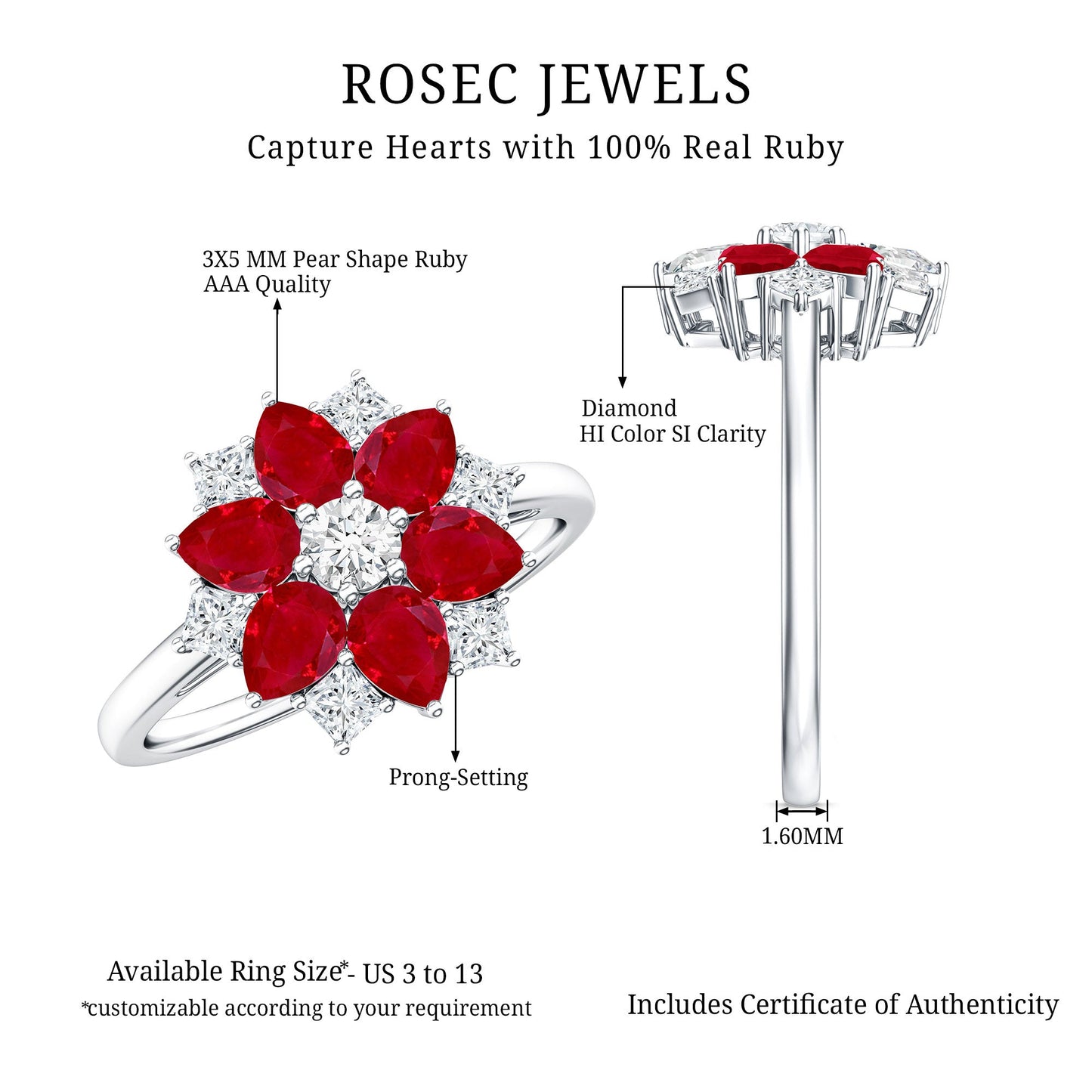 Natural Pear Shape Ruby Diamond Flower Engagement Ring for Women