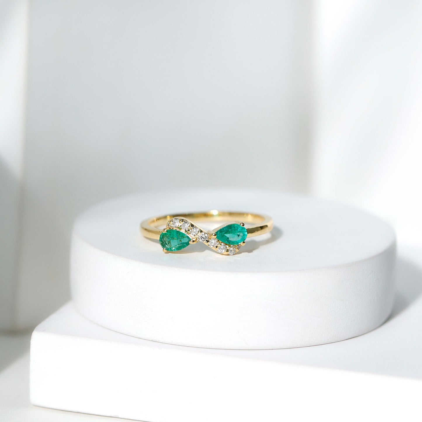 Natural Pear Emerald and Diamond Infinity Promise Ring