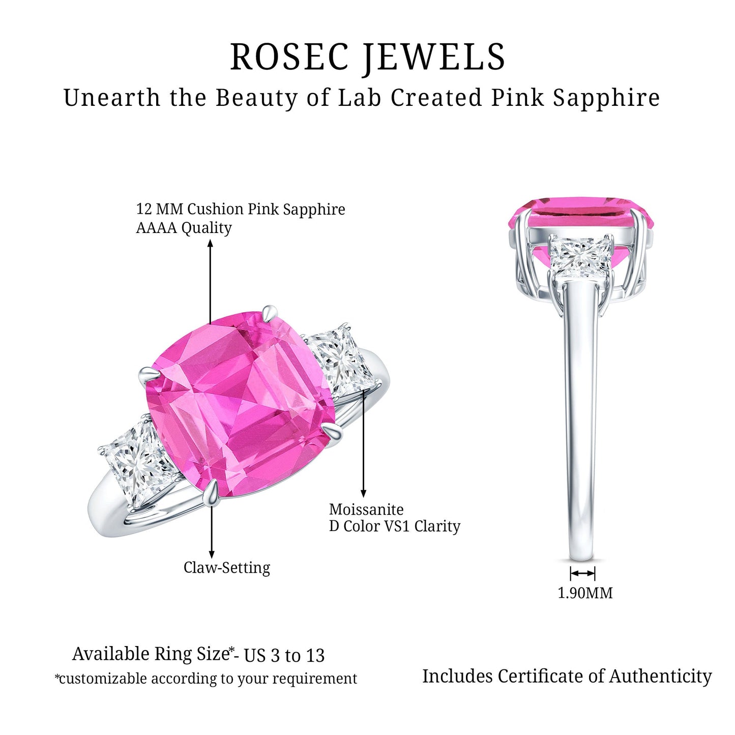 Lab Created Pink Sapphire Statement Engagement Ring with Moissanite