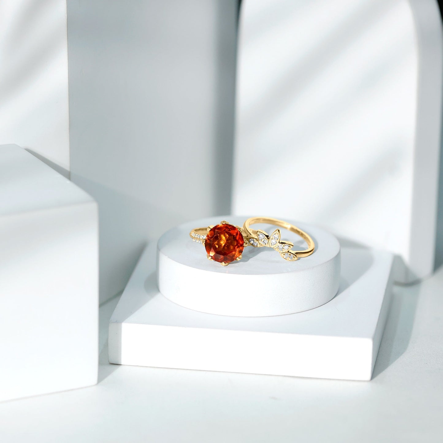 Nature Inspired 4.5 Carat Lab Grown Orange Sapphire Engagement Ring with Enhancer