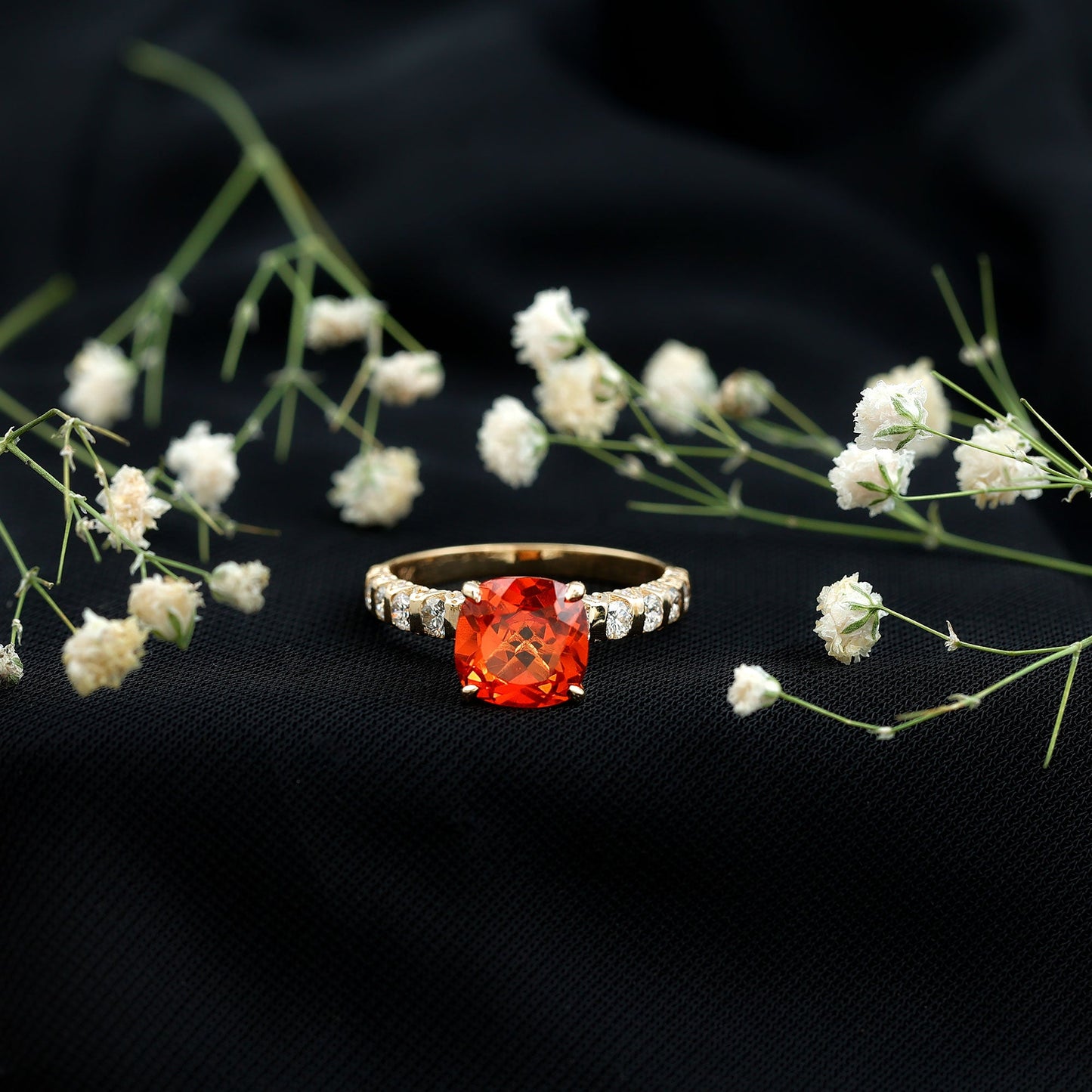 2.75 Carat Lab Grown Orange Sapphire Cushion Cut Engagement Ring with Diamond