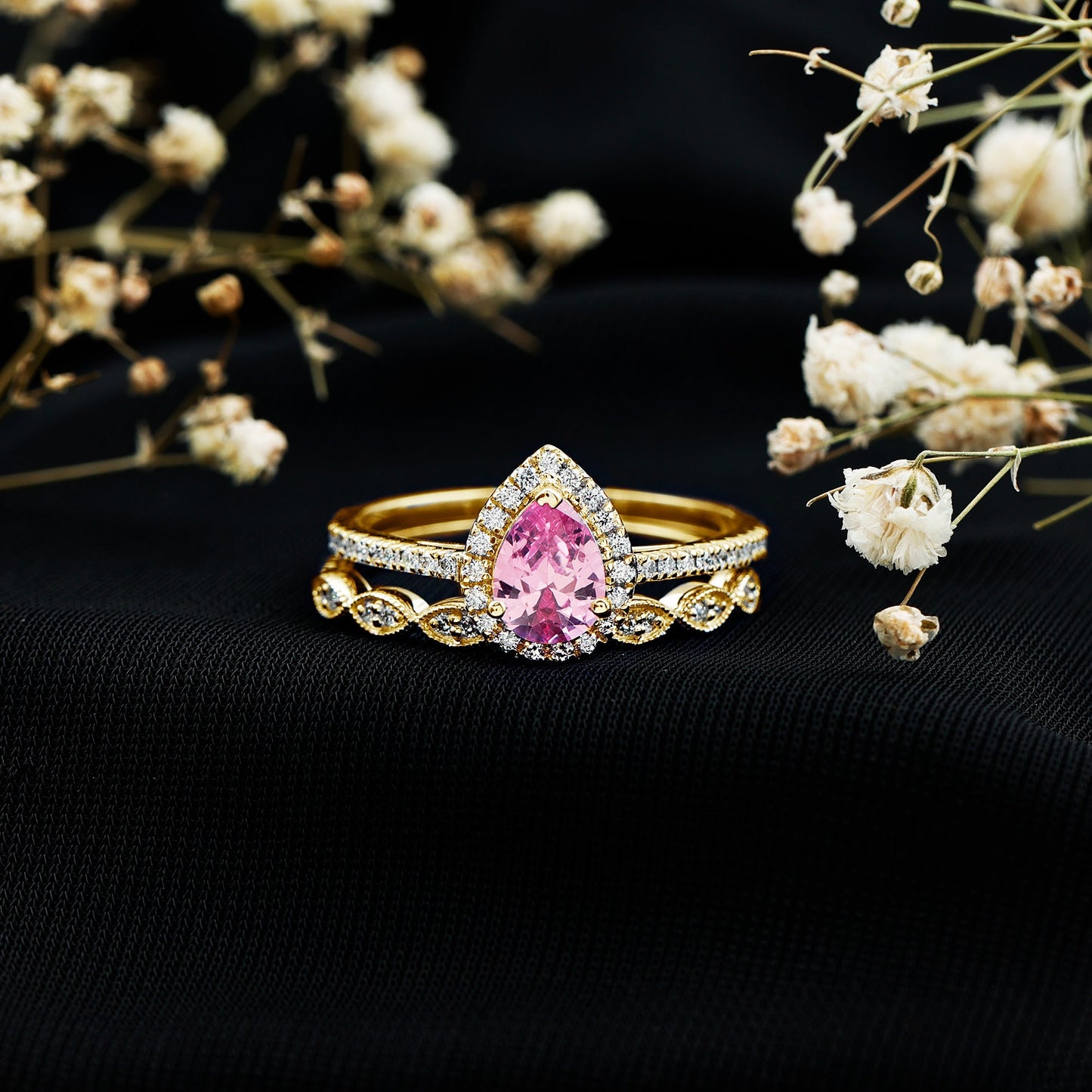 Lab Grown Pink Sapphire Pear Shaped Engagement Ring Set