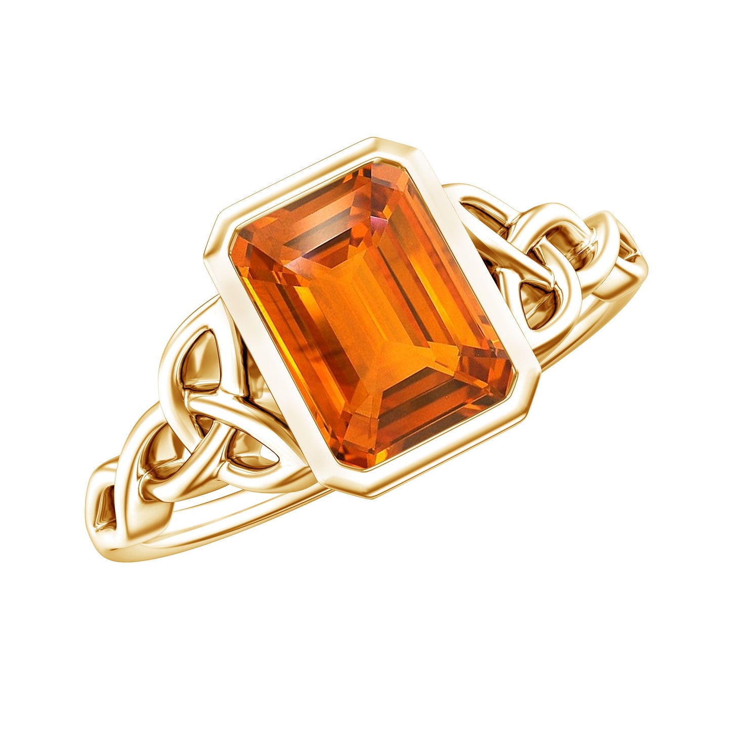 1.75 Carat Emerald Cut Lab Grown Orange Sapphire Diamond Bezel Set Engagement Ring