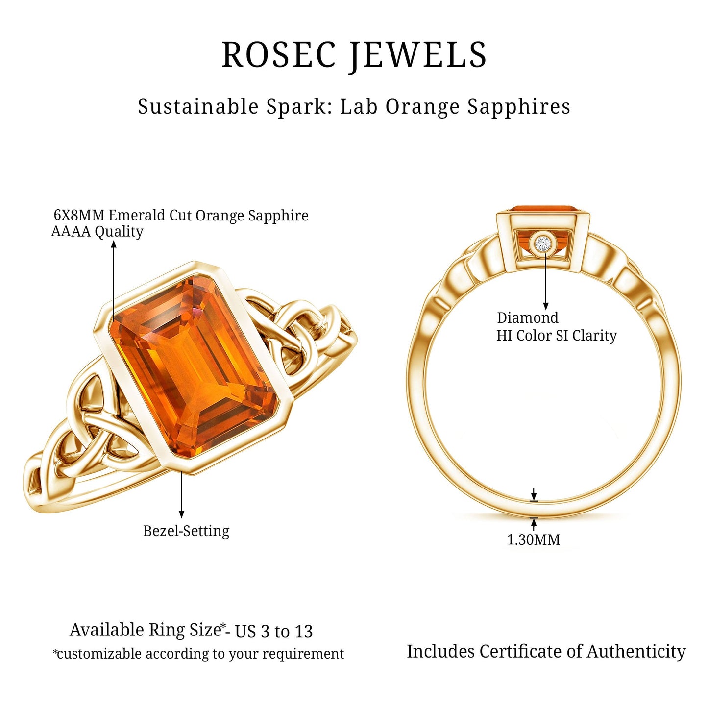 1.75 Carat Emerald Cut Lab Grown Orange Sapphire Diamond Bezel Set Engagement Ring