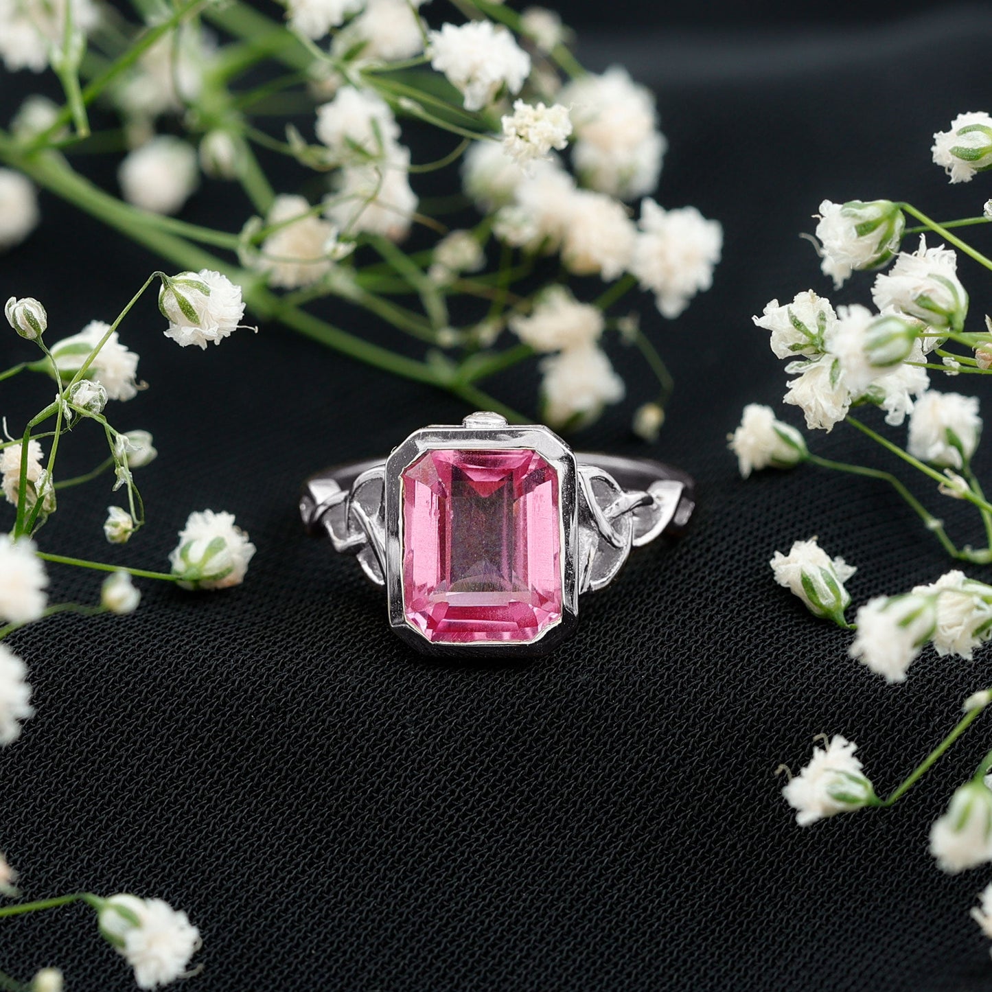2.7 carat Emerald Cut Lab Created Pink Sapphire Celtic Engagement Ring