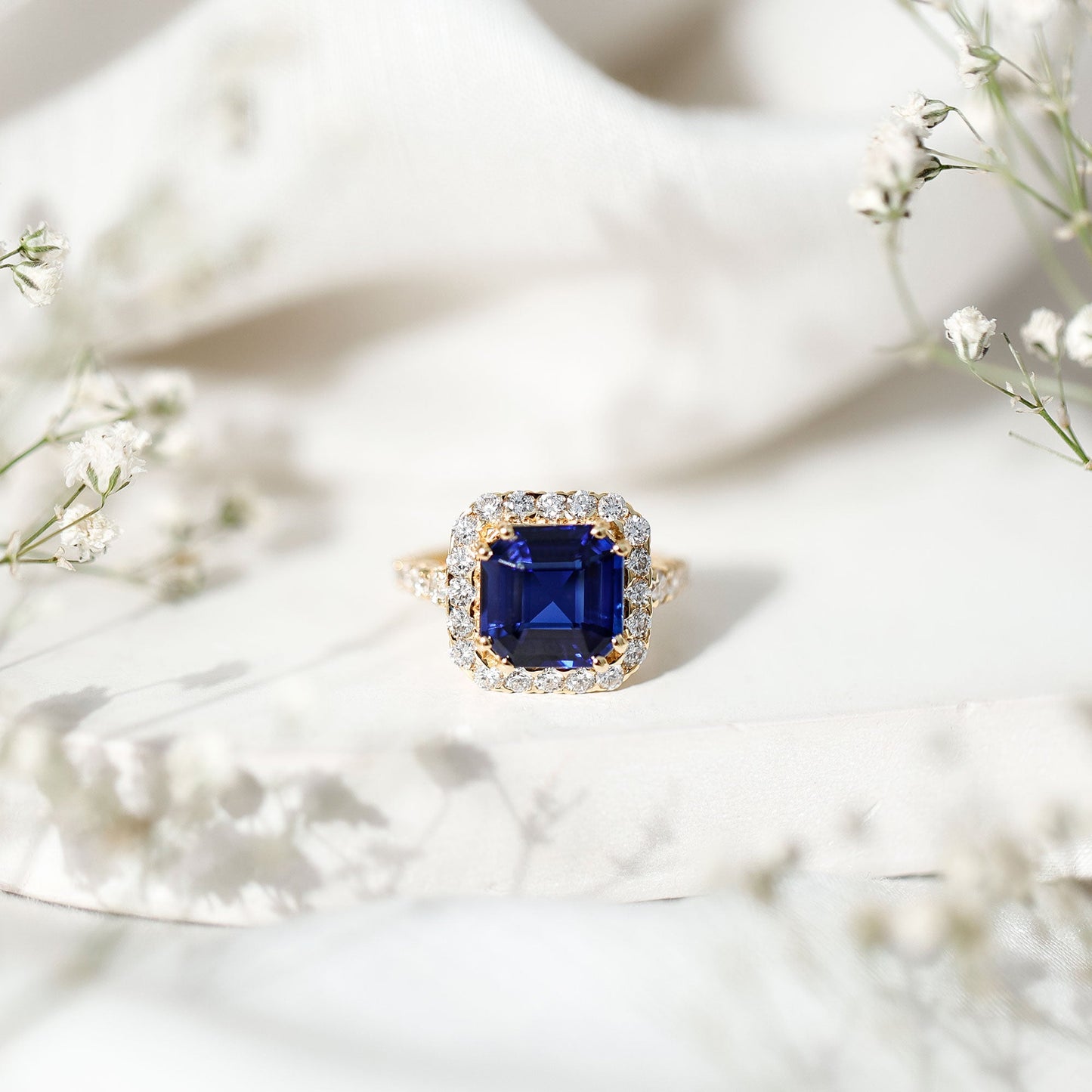 Certified 6.75 Carat Asscher Cut Lab Grown Blue Sapphire Engagement Ring with Diamond Halo