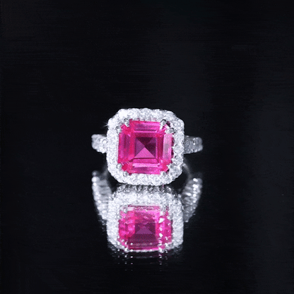 Certified 6.75 Carat Lab Grown Pink Sapphire Asscher Cut Engagement Ring with Halo