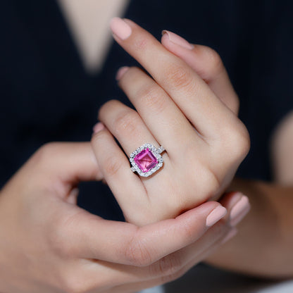 Certified 6.75 Carat Lab Grown Pink Sapphire Asscher Cut Engagement Ring with Halo