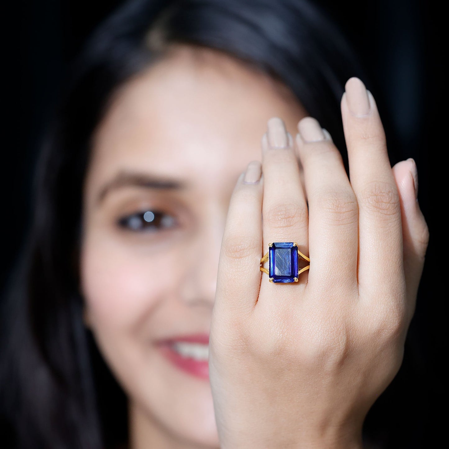Emerald Cut 9 Carat Lab Created Blue Sapphire Engagement Ring for Women