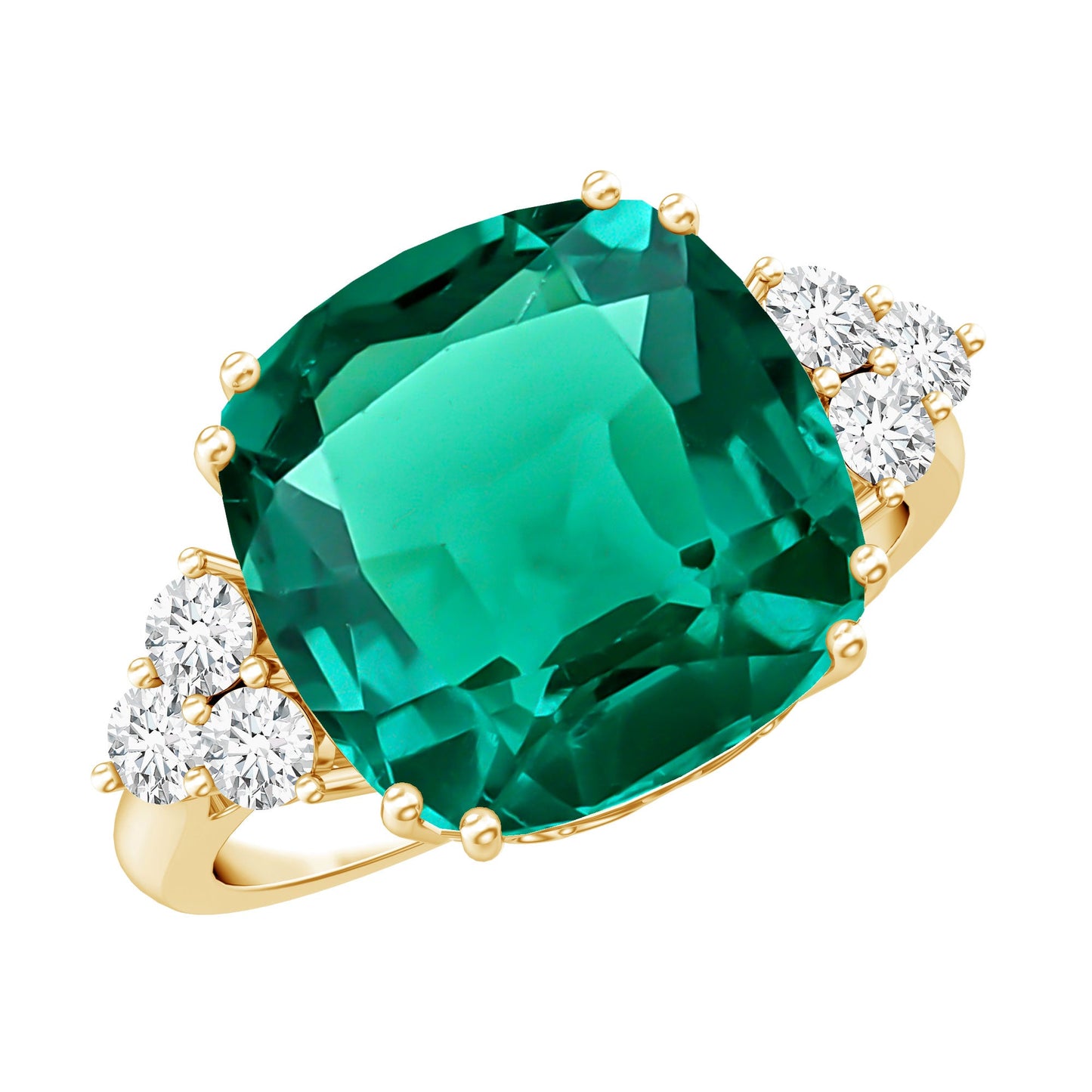 Lab Grown Emerald 9 Carat Cushion Cut Engagement Ring with Diamond Trio