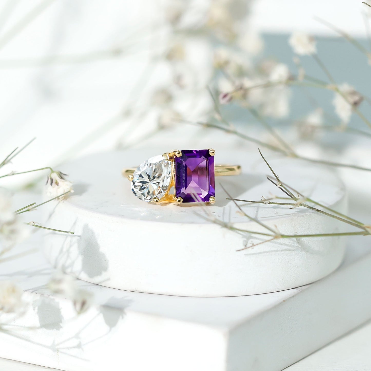 Certified Real Amethyst Toi Et Moi Engagement Ring with Moissanite