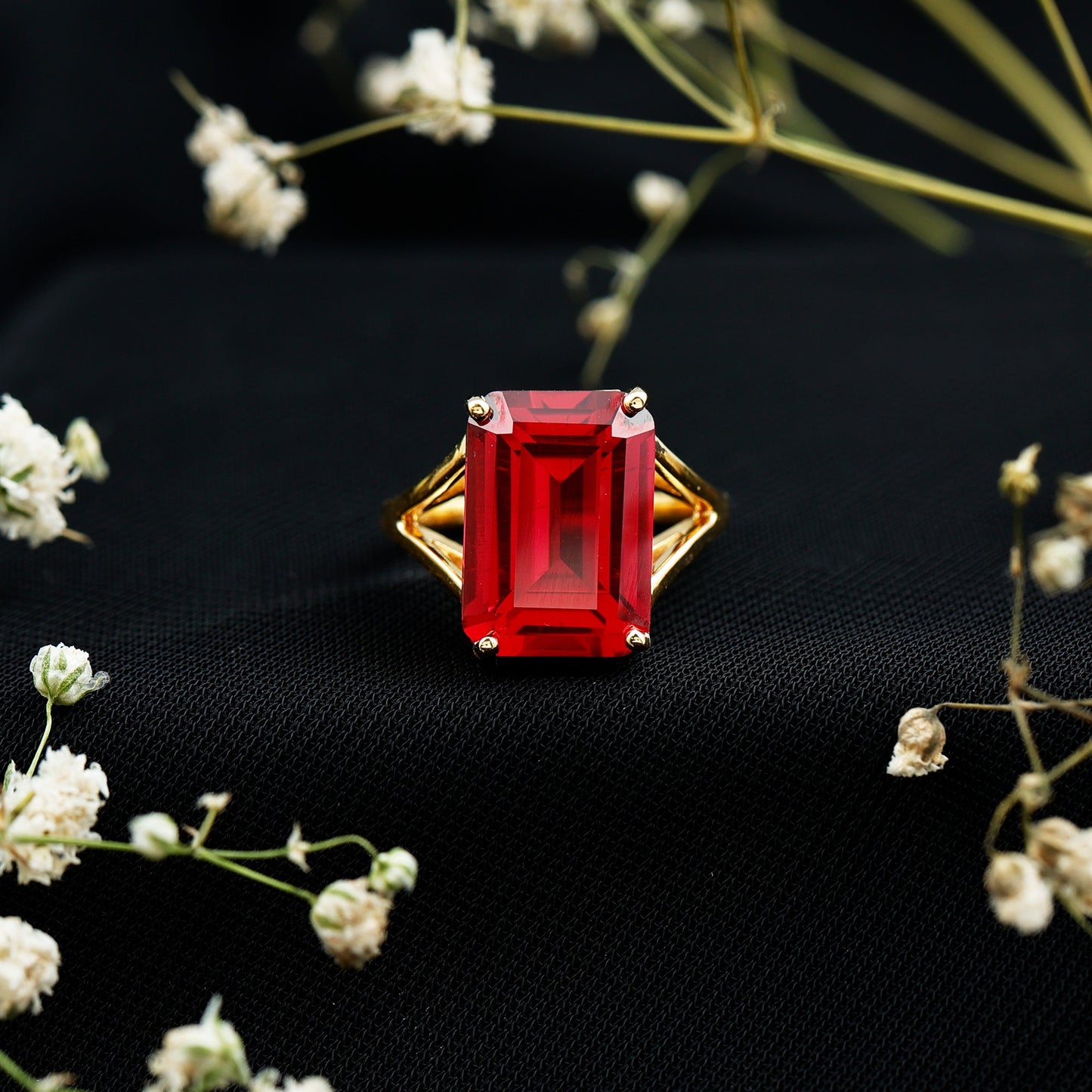 Lab Grown Ruby 5 Carat Emerald Cut Engagement Ring with Split Shank