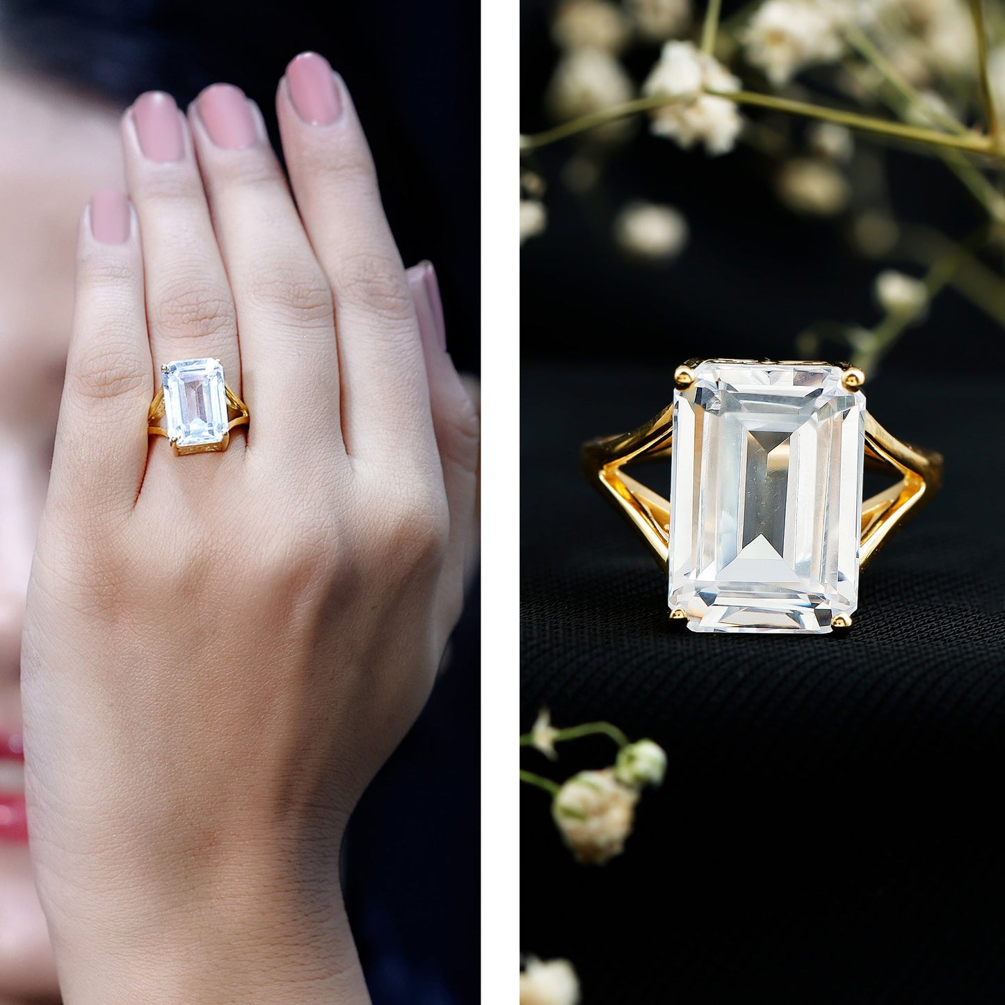 Certified 9 Carat Emerald Cut Cubic Zirconia Engagement Ring in Silver