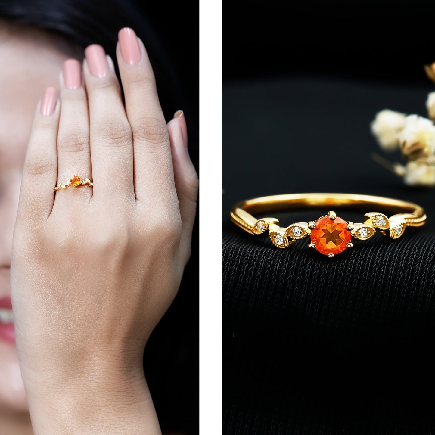 Minimalist Fire Opal and Diamond Promise Ring for Women
