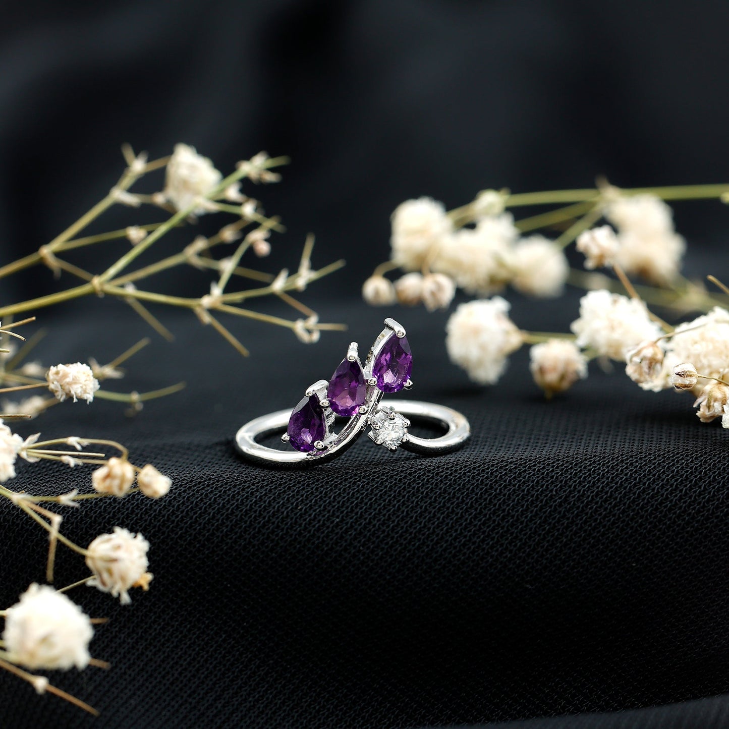 Real Pear Shaped Amethyst and Diamond Ring For Women