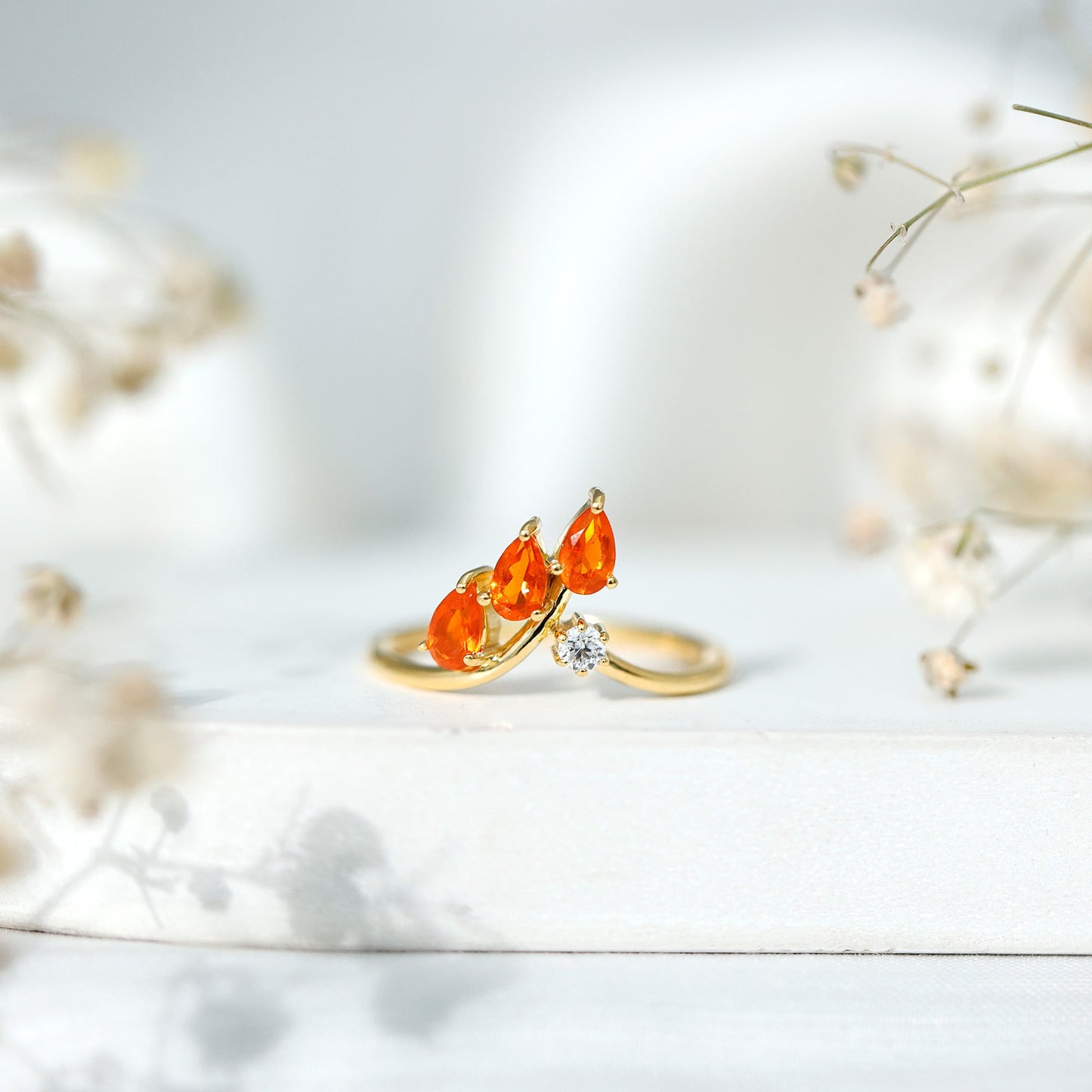 Pear Shaped Fire Opal Stackable Ring with Lab Grown Diamond