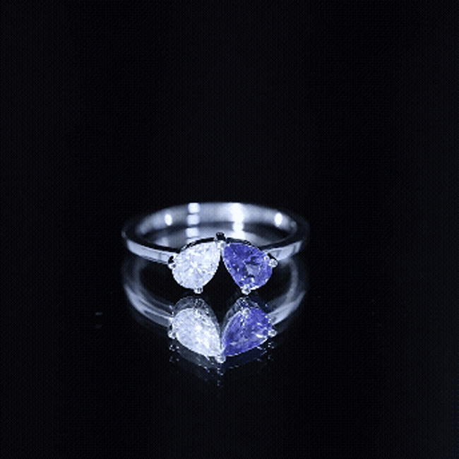 Pear Shaped Tanzanite Moissanite Two Stone Promise Ring in Silver