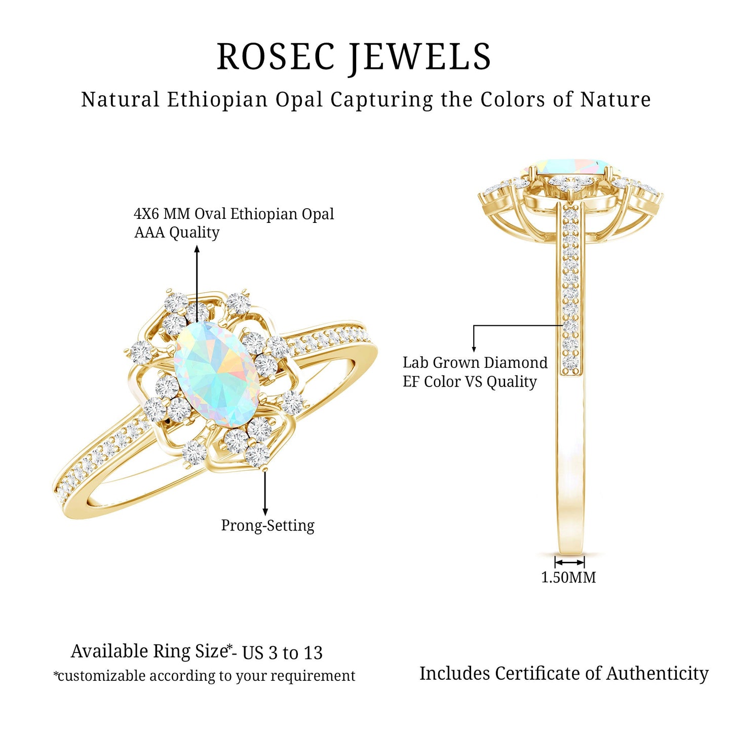 Vintage Looking 0.50 Carat Ethiopian Opal Oval Engagement Ring with Diamond Accent