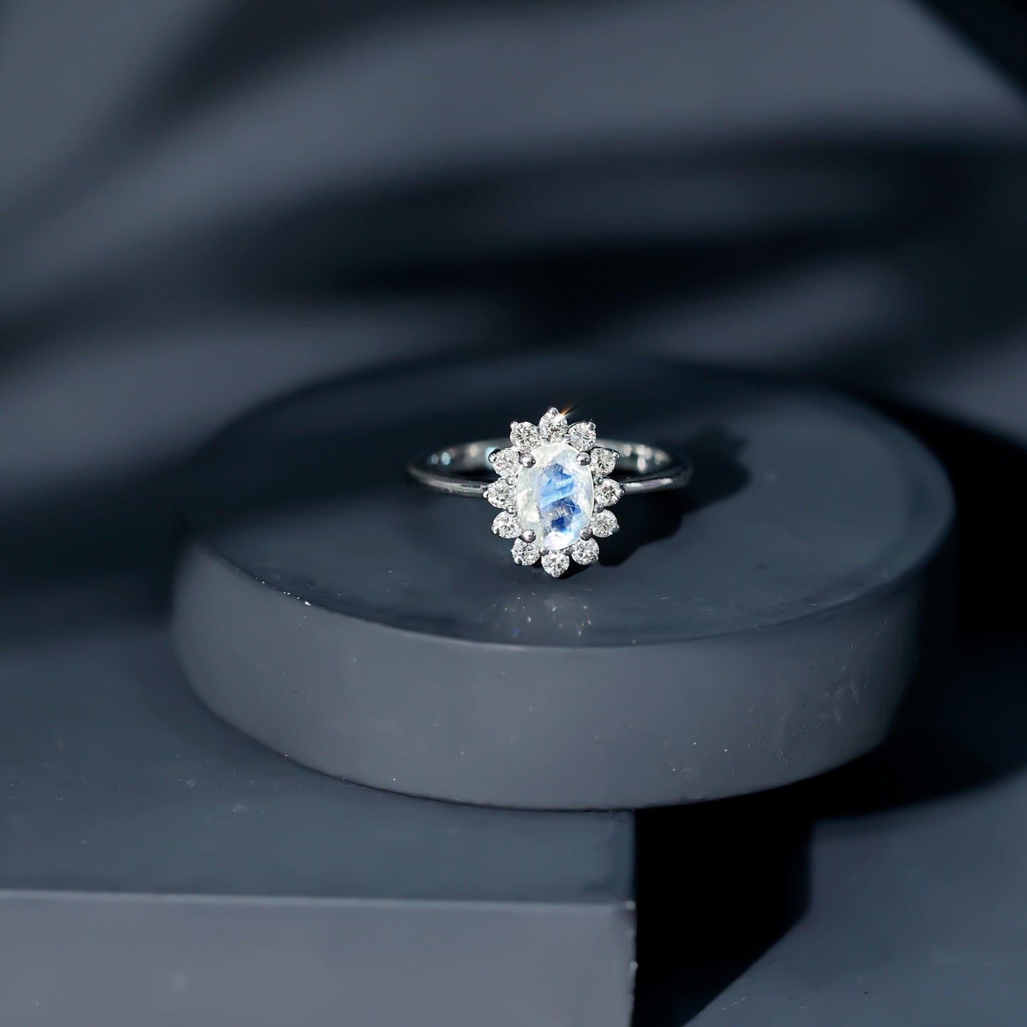 Natural 1 Carat Oval Cut Moonstone and Diamond Engagement Ring