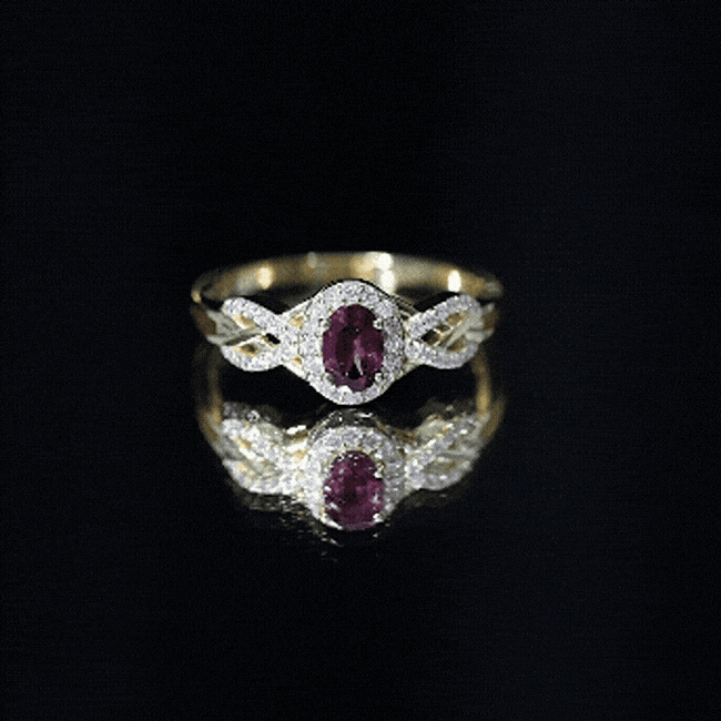 Genuine Rhodolite Garnet and Diamond Criss Cross Engagement Ring