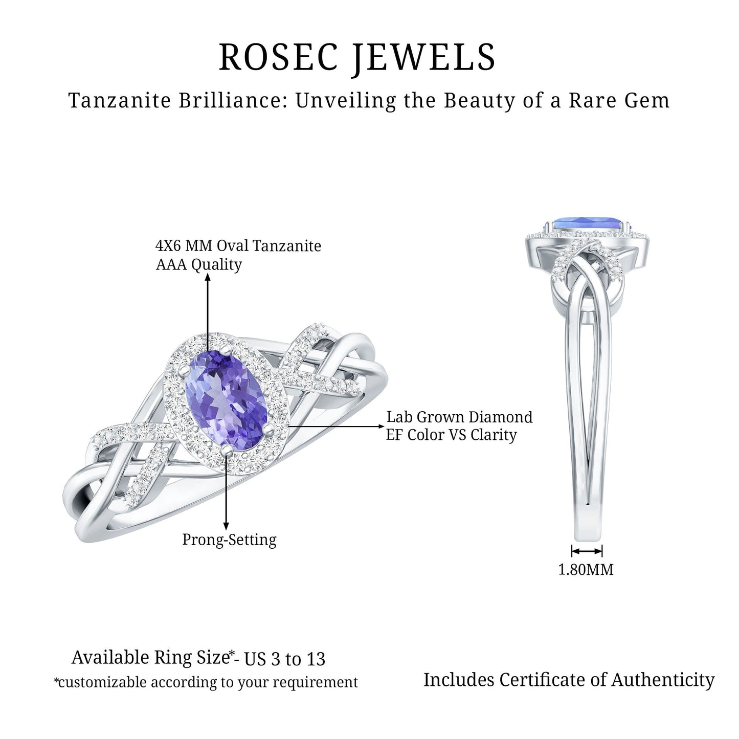 Real Tanzanite and Diamond Engagement Ring with Criss Cross Shank