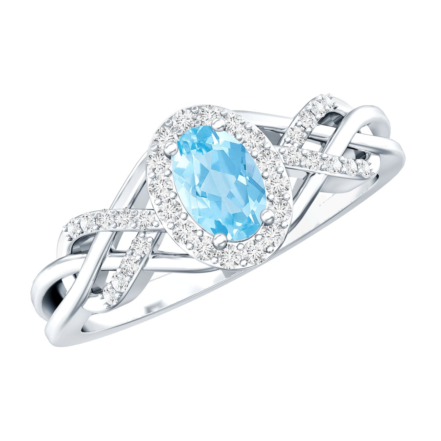 Genuine Aquamarine and Diamond Designer Engagement Ring in Silver