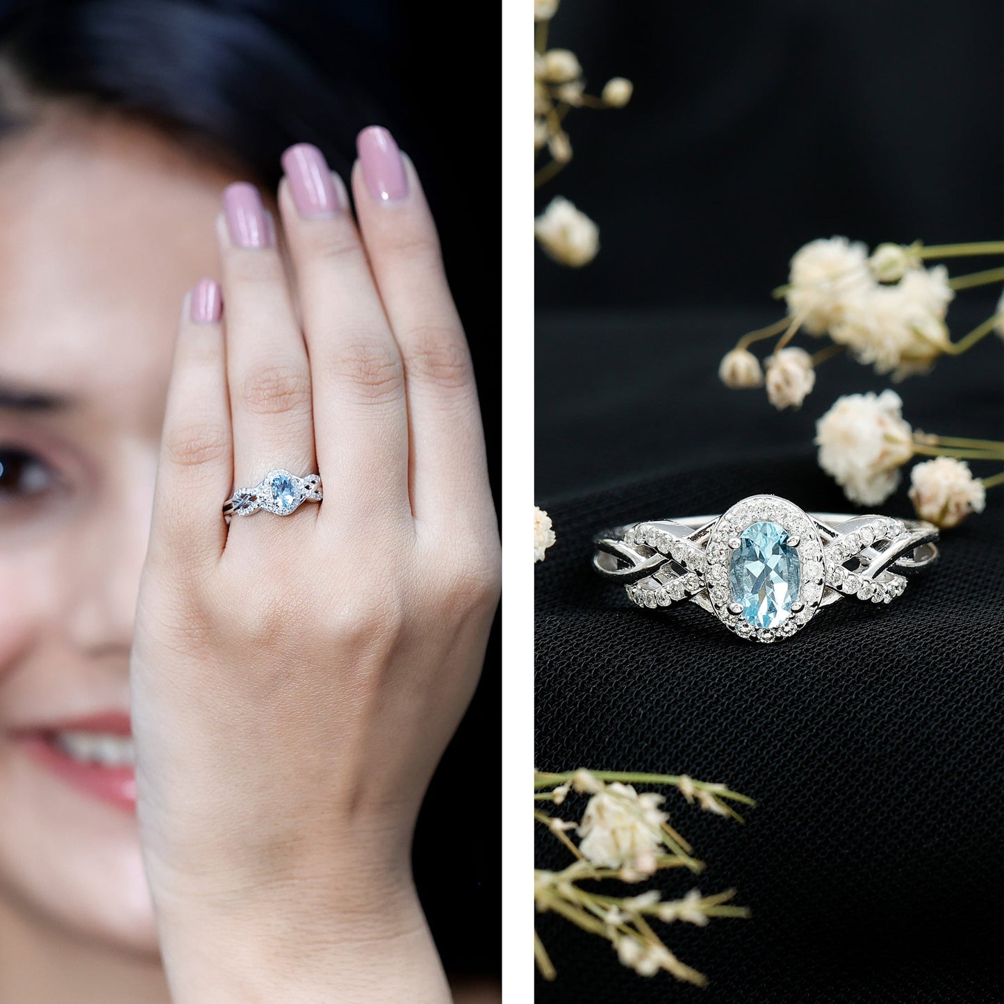 Genuine Aquamarine and Diamond Designer Engagement Ring in Silver