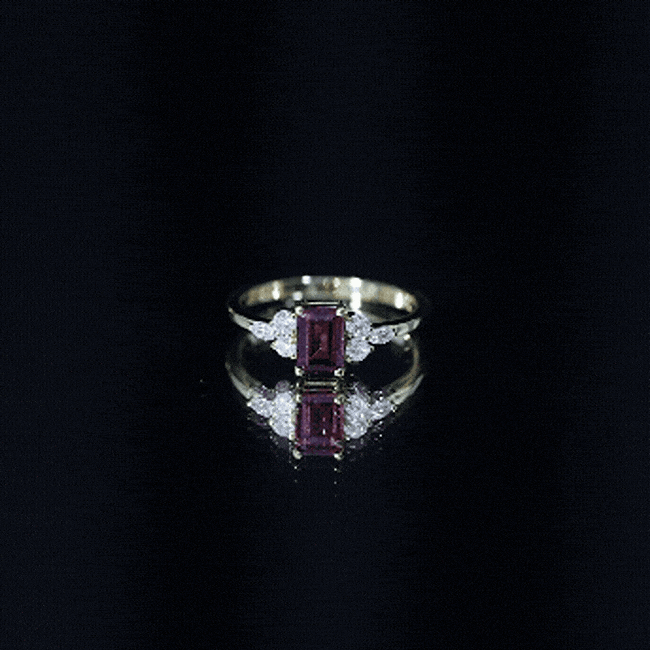 Certified Rhodolite Emerald Cut Engagement Ring with Diamond Trio