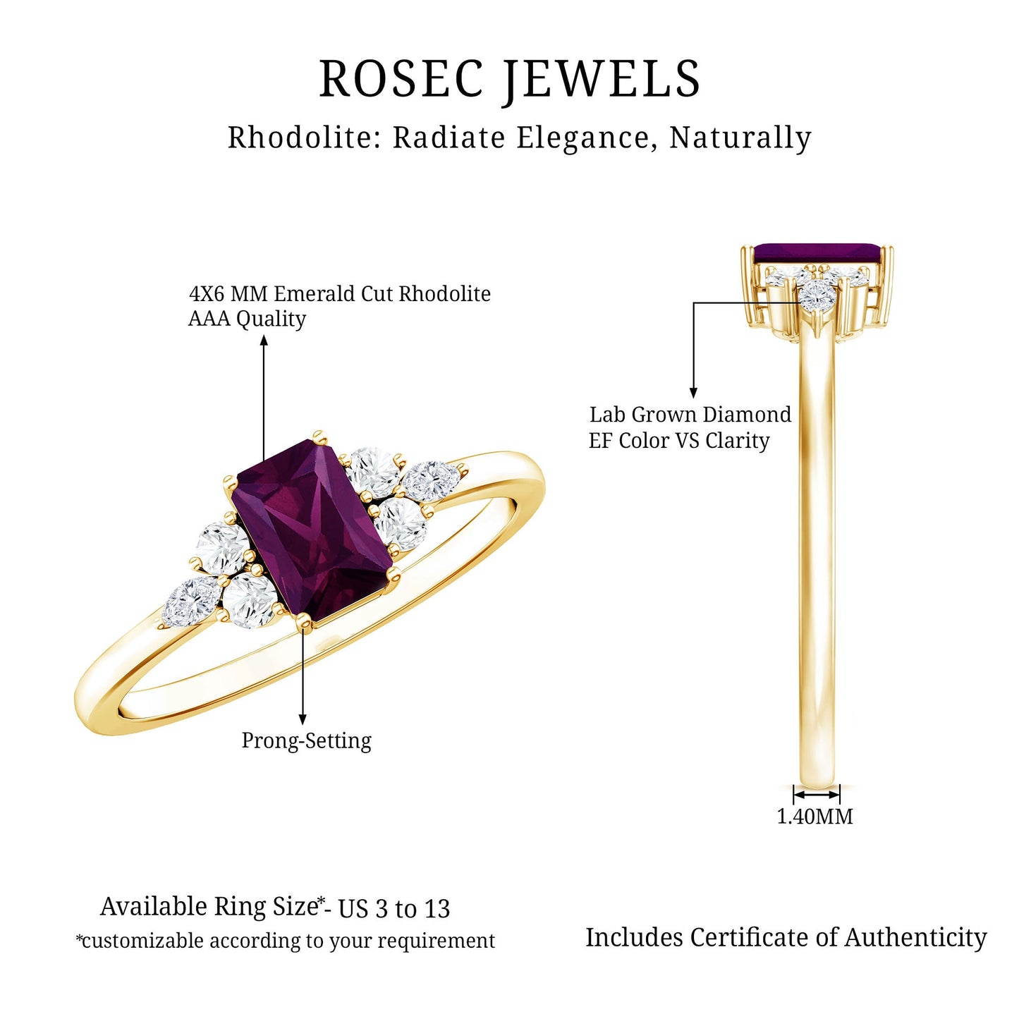 Certified Rhodolite Emerald Cut Engagement Ring with Diamond Trio