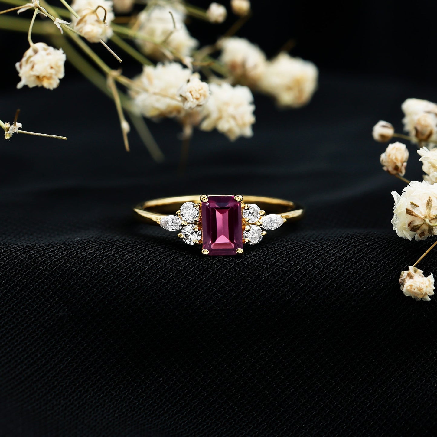 Certified Rhodolite Emerald Cut Engagement Ring with Diamond Trio